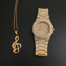 Load image into Gallery viewer, Luxury Gold hip hop jewelry stylish watch & Necklace Combo Set Watch Diamond Men hip hop chain necklace Ice Out Watch For Men