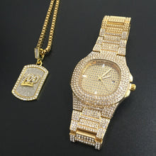 Load image into Gallery viewer, Luxury Gold hip hop jewelry stylish watch & Necklace Combo Set Watch Diamond Men hip hop chain necklace Ice Out Watch For Men