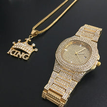 Load image into Gallery viewer, Luxury Gold hip hop jewelry stylish watch & Necklace Combo Set Watch Diamond Men hip hop chain necklace Ice Out Watch For Men