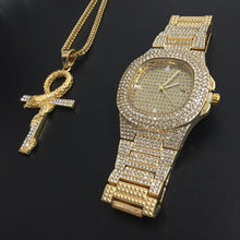 Load image into Gallery viewer, Luxury Gold hip hop jewelry stylish watch & Necklace Combo Set Watch Diamond Men hip hop chain necklace Ice Out Watch For Men