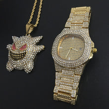 Load image into Gallery viewer, Luxury Gold hip hop jewelry stylish watch & Necklace Combo Set Watch Diamond Men hip hop chain necklace Ice Out Watch For Men