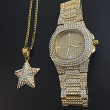 Load image into Gallery viewer, Luxury Gold hip hop jewelry stylish watch & Necklace Combo Set Watch Diamond Men hip hop chain necklace Ice Out Watch For Men