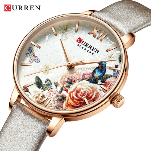 CURREN Beautiful Flower Design Watches Women Fashion Casual Leather Wristwatch Ladies Watch Female Clock Women's Quartz Watch