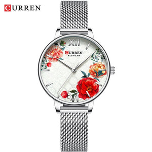 CURREN Beautiful Flower Design Watches Women Fashion Casual Leather Wristwatch Ladies Watch Female Clock Women's Quartz Watch