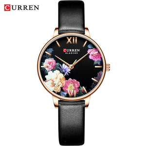 CURREN Beautiful Flower Design Watches Women Fashion Casual Leather Wristwatch Ladies Watch Female Clock Women's Quartz Watch