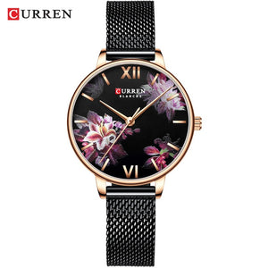 CURREN Beautiful Flower Design Watches Women Fashion Casual Leather Wristwatch Ladies Watch Female Clock Women's Quartz Watch