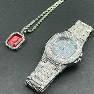 Luxury Gold hip hop jewelry stylish watch & Necklace Combo Set Watch Diamond Men hip hop chain necklace Ice Out Watch For Men