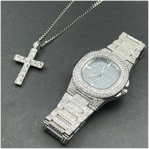 Luxury Gold hip hop jewelry stylish watch & Necklace Combo Set Watch Diamond Men hip hop chain necklace Ice Out Watch For Men