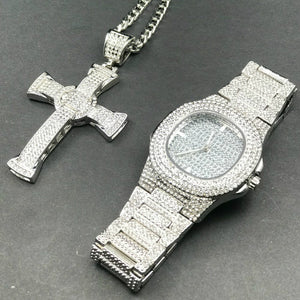 Luxury Gold hip hop jewelry stylish watch & Necklace Combo Set Watch Diamond Men hip hop chain necklace Ice Out Watch For Men