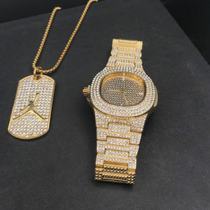 Luxury Gold hip hop jewelry stylish watch & Necklace Combo Set Watch Diamond Men hip hop chain necklace Ice Out Watch For Men