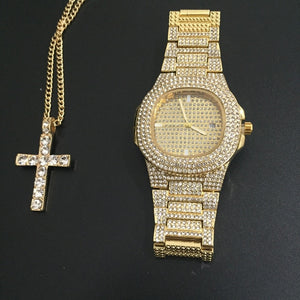 Luxury Gold hip hop jewelry stylish watch & Necklace Combo Set Watch Diamond Men hip hop chain necklace Ice Out Watch For Men