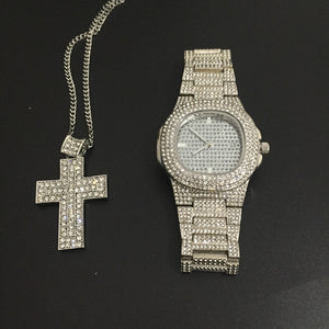 Luxury Gold hip hop jewelry stylish watch & Necklace Combo Set Watch Diamond Men hip hop chain necklace Ice Out Watch For Men