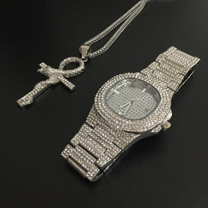 Luxury Gold hip hop jewelry stylish watch & Necklace Combo Set Watch Diamond Men hip hop chain necklace Ice Out Watch For Men