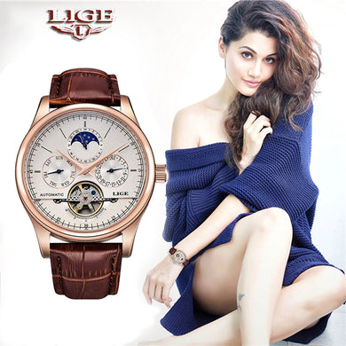LIGE Brand Women Watch Automatic Mechanical Watch Tourbillon Sport Clock Leather Casual Waterproof Wristwatch Relojes Mujer+Box