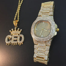 Load image into Gallery viewer, Luxury Gold hip hop jewelry stylish watch &amp; Necklace Combo Set Watch Diamond Men hip hop chain necklace Ice Out Watch For Men