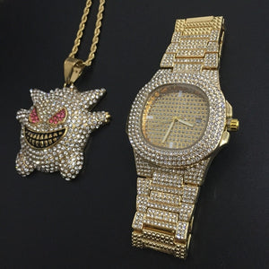 Luxury Gold hip hop jewelry stylish watch & Necklace Combo Set Watch Diamond Men hip hop chain necklace Ice Out Watch For Men