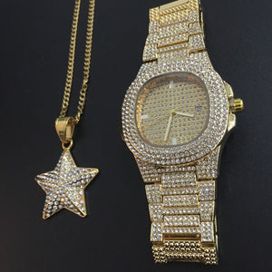 Luxury Gold hip hop jewelry stylish watch & Necklace Combo Set Watch Diamond Men hip hop chain necklace Ice Out Watch For Men