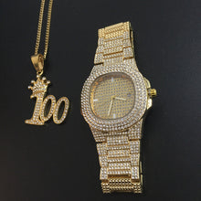 Load image into Gallery viewer, Luxury Gold hip hop jewelry stylish watch &amp; Necklace Combo Set Watch Diamond Men hip hop chain necklace Ice Out Watch For Men